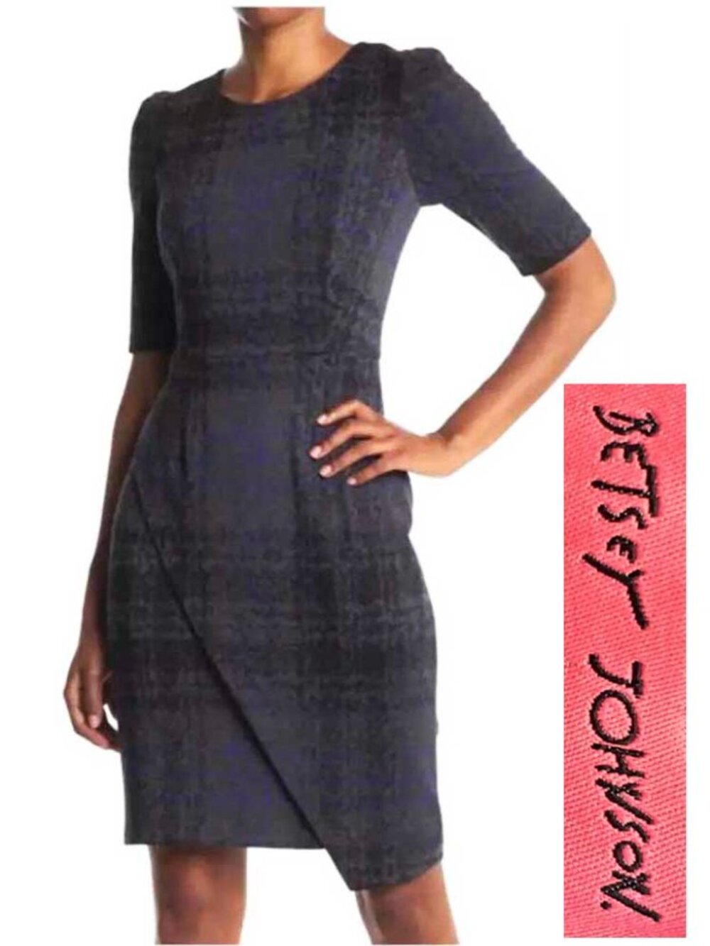 Betsey Johnson Womens Asymmetrical Plaid Dress Jersey Sheath Short Sleeve 8